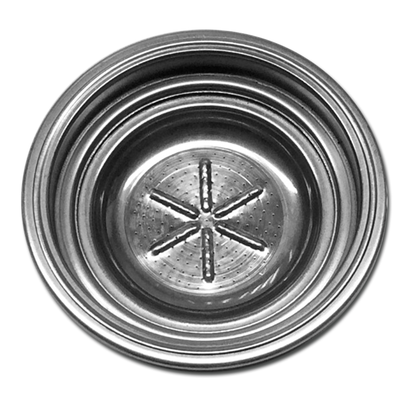 Metallfilter mit Löchern und Sternmuster in einem runden Behälter
