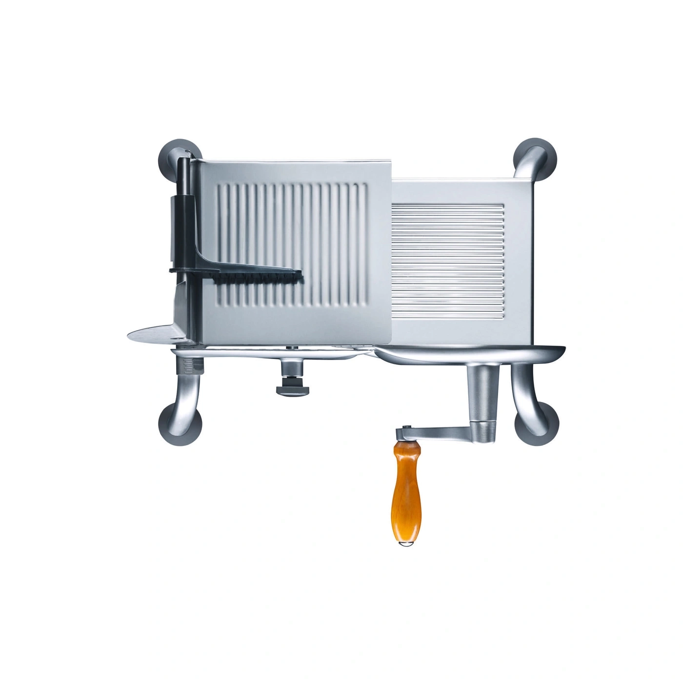 Meat slicer, metal, wooden handle, kitchen appliance, isolated, white background, close-up