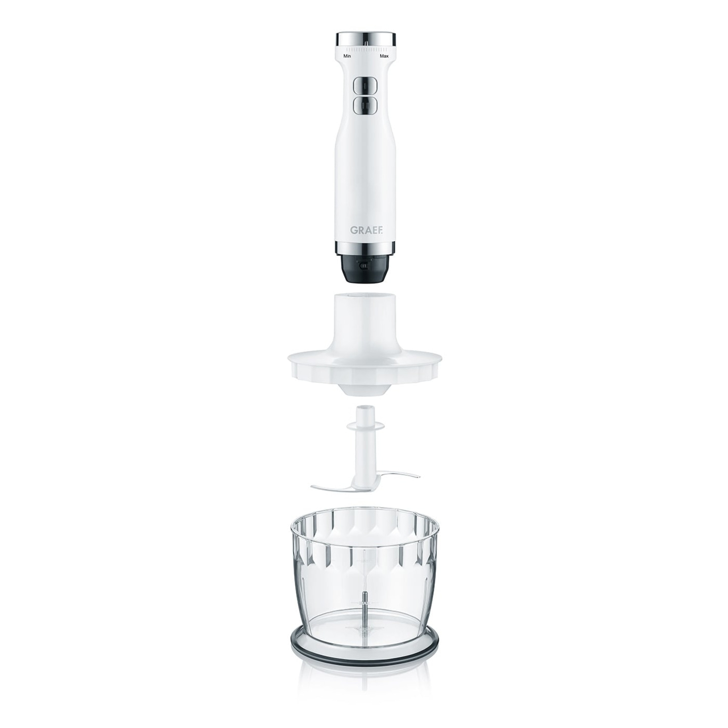 Zerlegter Stabmixer mit Zubehör, weiß, GRAEF, isoliert, Küche, Gerät
