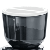 Kaffeemühle mit Bohnen, Max-Markierung, Mahlgrad-Auswahl, weißer Deckel, schwarzer Behälter.