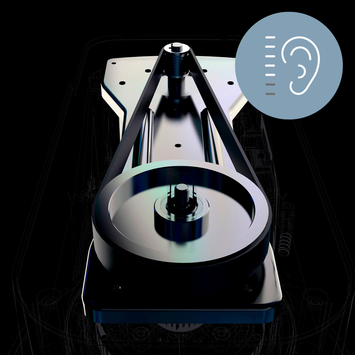 Detailaufnahme eines Plattenspielers mit Riemenantrieb und Ohrsymbol