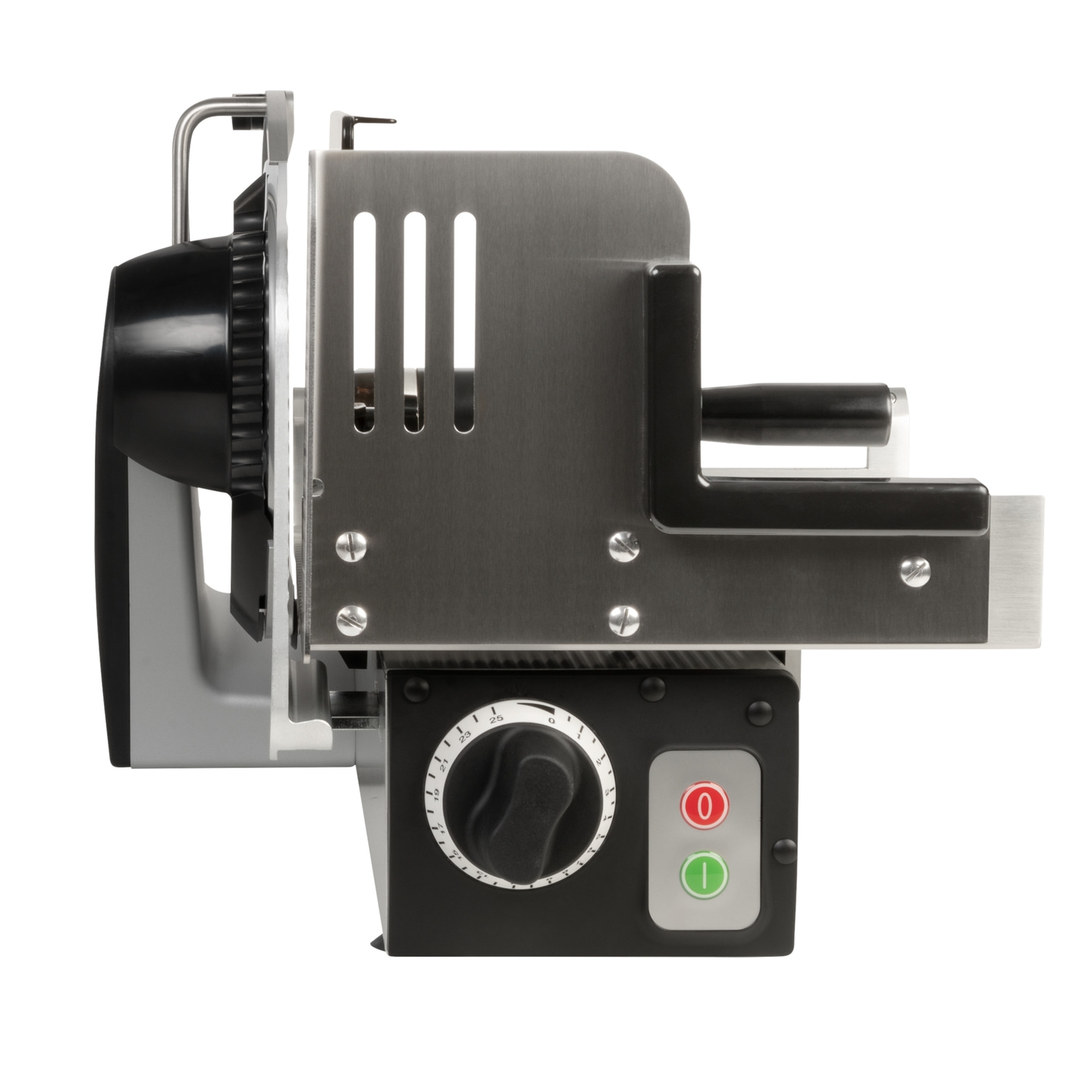 Fleischschneidemaschine, Detailaufnahme, Knöpfe, Schalter, Edelstahl, schwarz, weißer Hintergrund