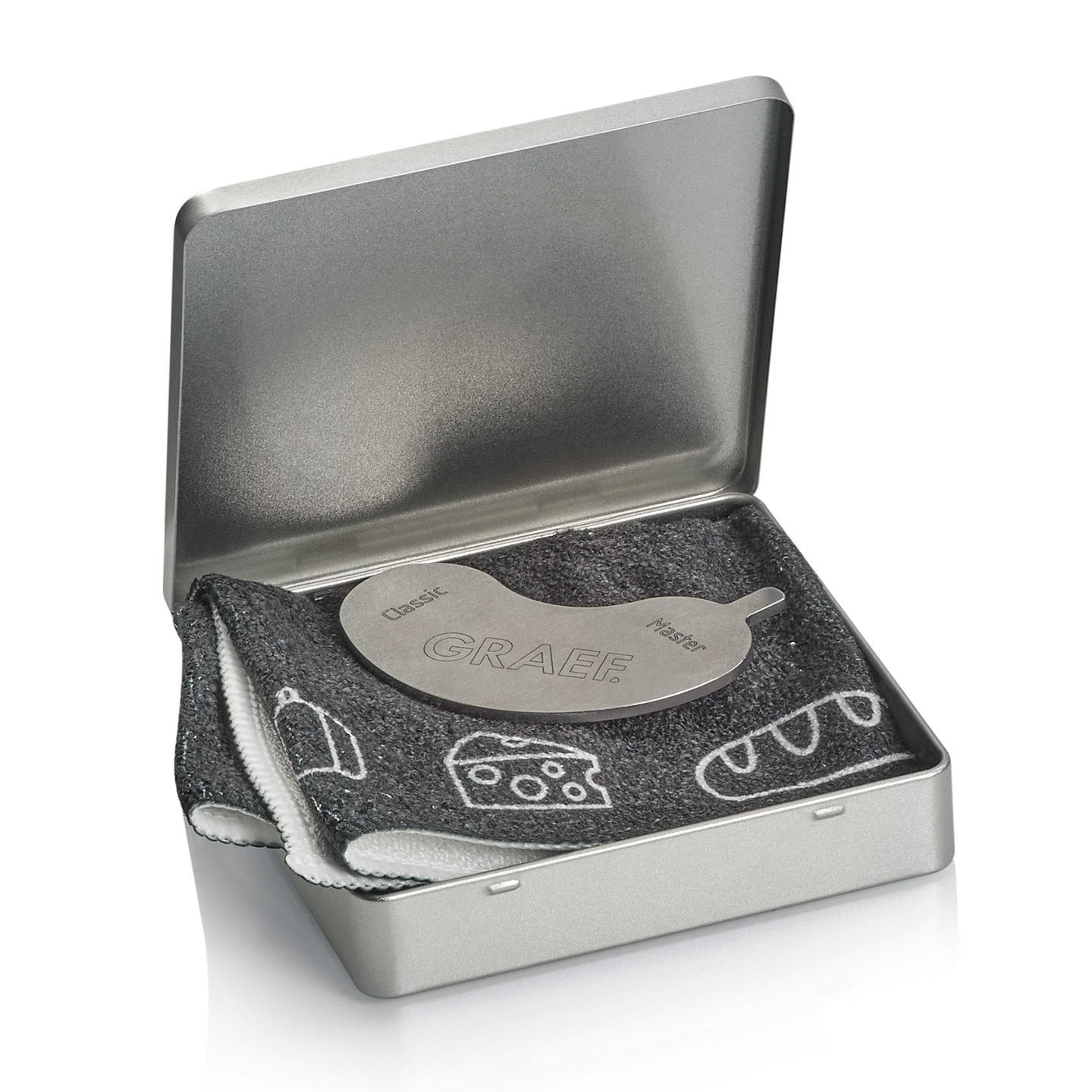 Metallbox mit Werkzeug und Tuch, GRAEF-Logo, für Lebensmittel.