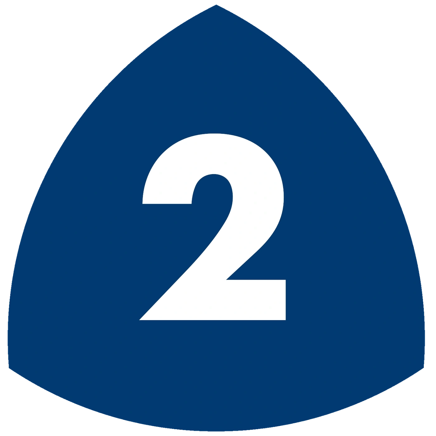 Blue triangle with white number 2, highway sign, road sign, number two, route marker