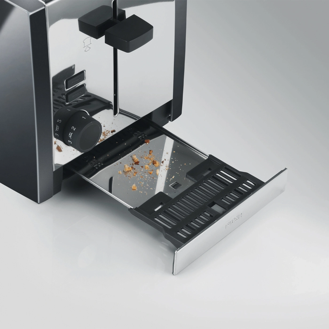 Toaster mit Krümelschublade, Chrom und Schwarz, Nahaufnahme, Detailaufnahme, Küche