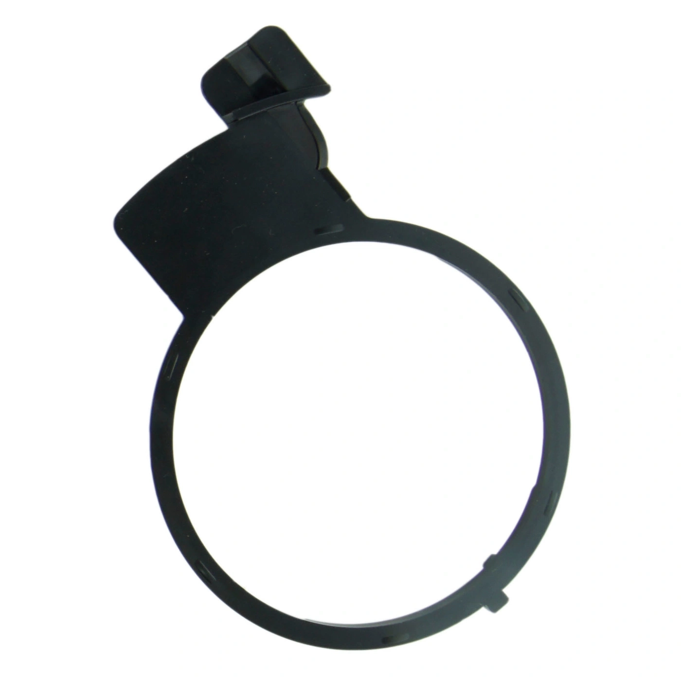 Black plastic ring with a projection and a hook, isolated on white background