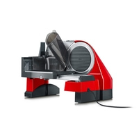 Red slicer with black details and power cord, Graef brand, kitchen appliance.