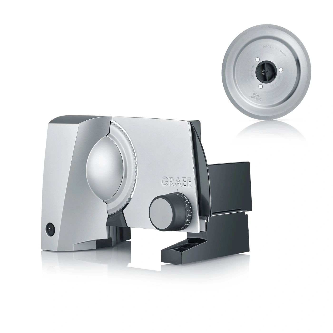Graef slicer with removable blade and adjustment wheel for slice thickness