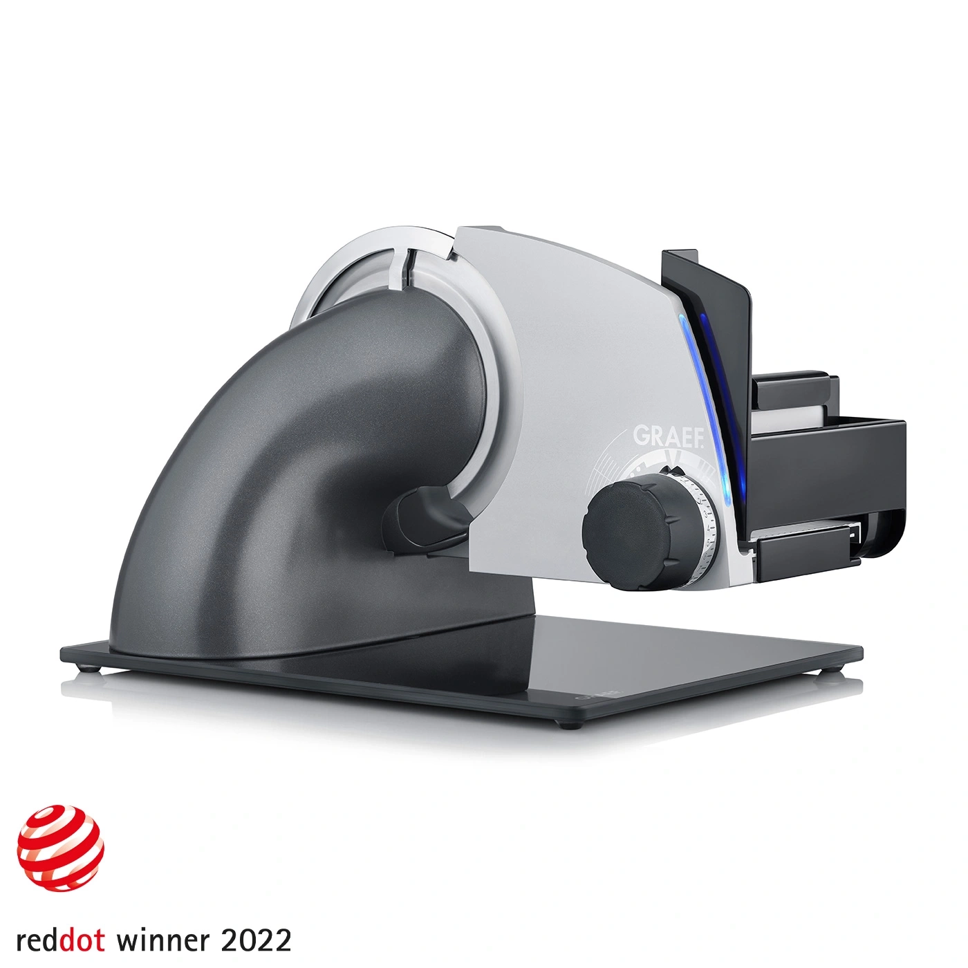 Ein Graef Allesschneider mit rotem Dot-Siegel und der Aufschrift "reddot winner 2022".