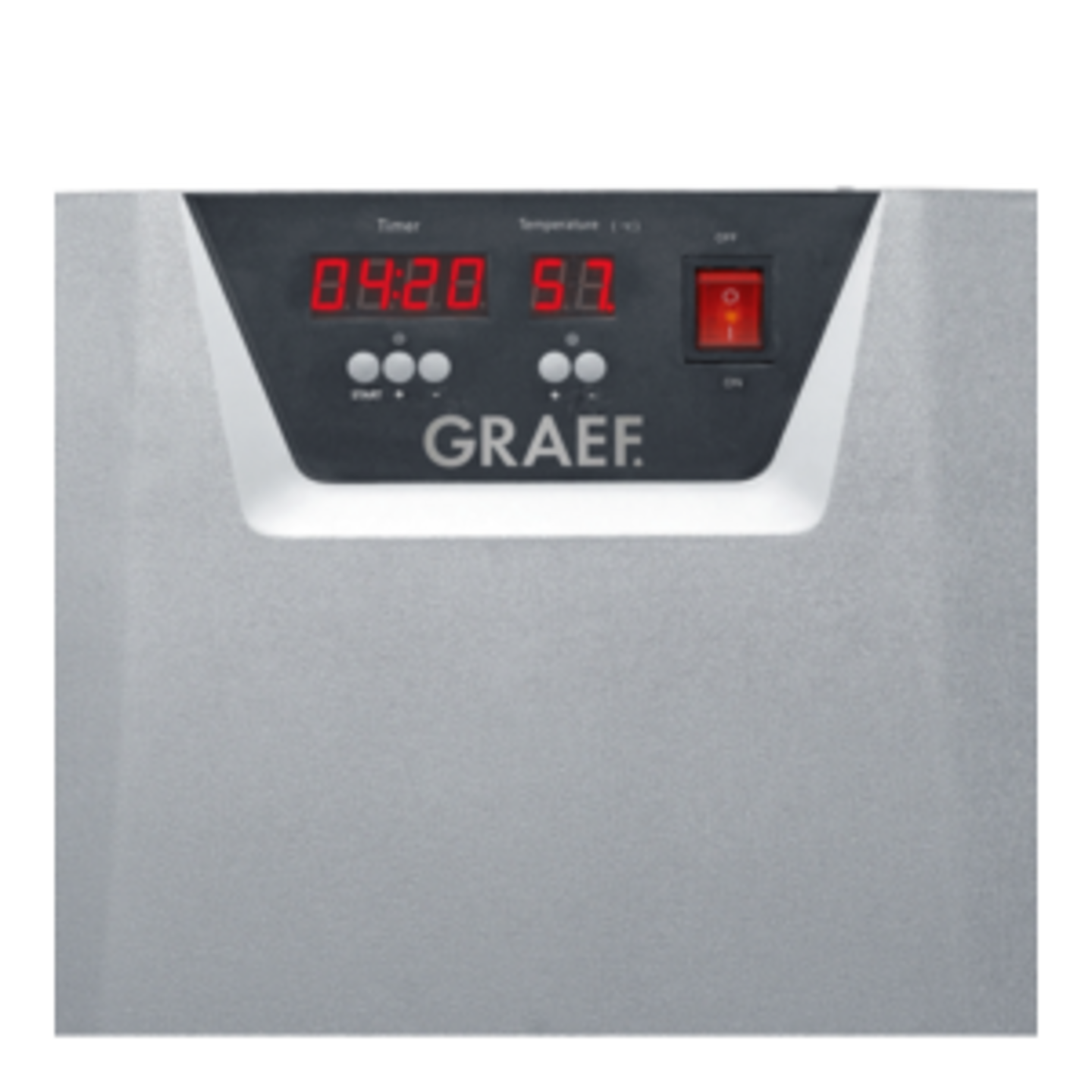 Graef device with red display showing timer and temperature, and an on-off switch.