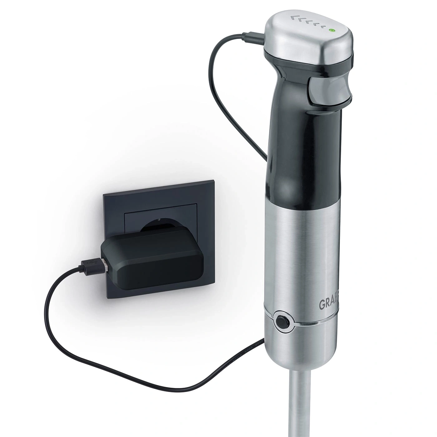 Hand blender with charger on wall, black and silver