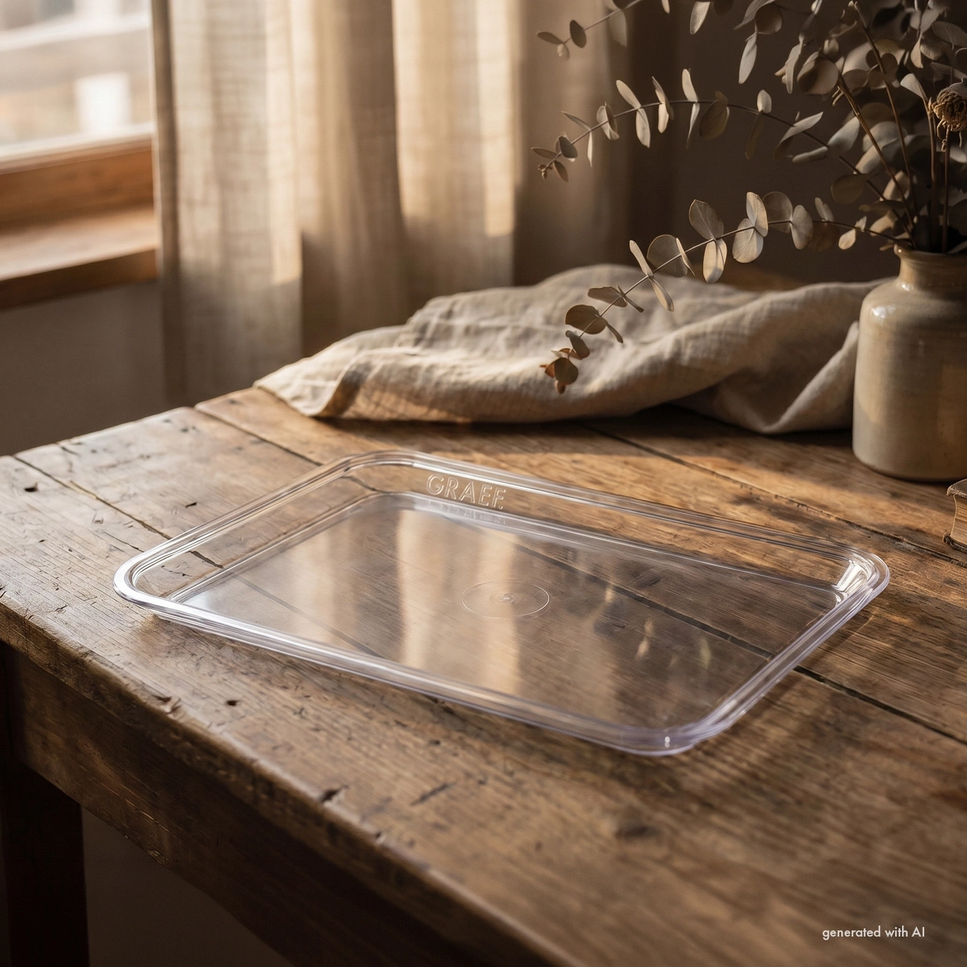 Clear rectangular container with GRAEF branding on a wooden table.