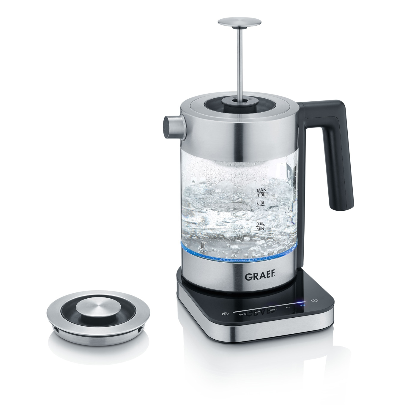 Wasserkocher aus Glas und Edelstahl mit Temperaturregelung und Deckel