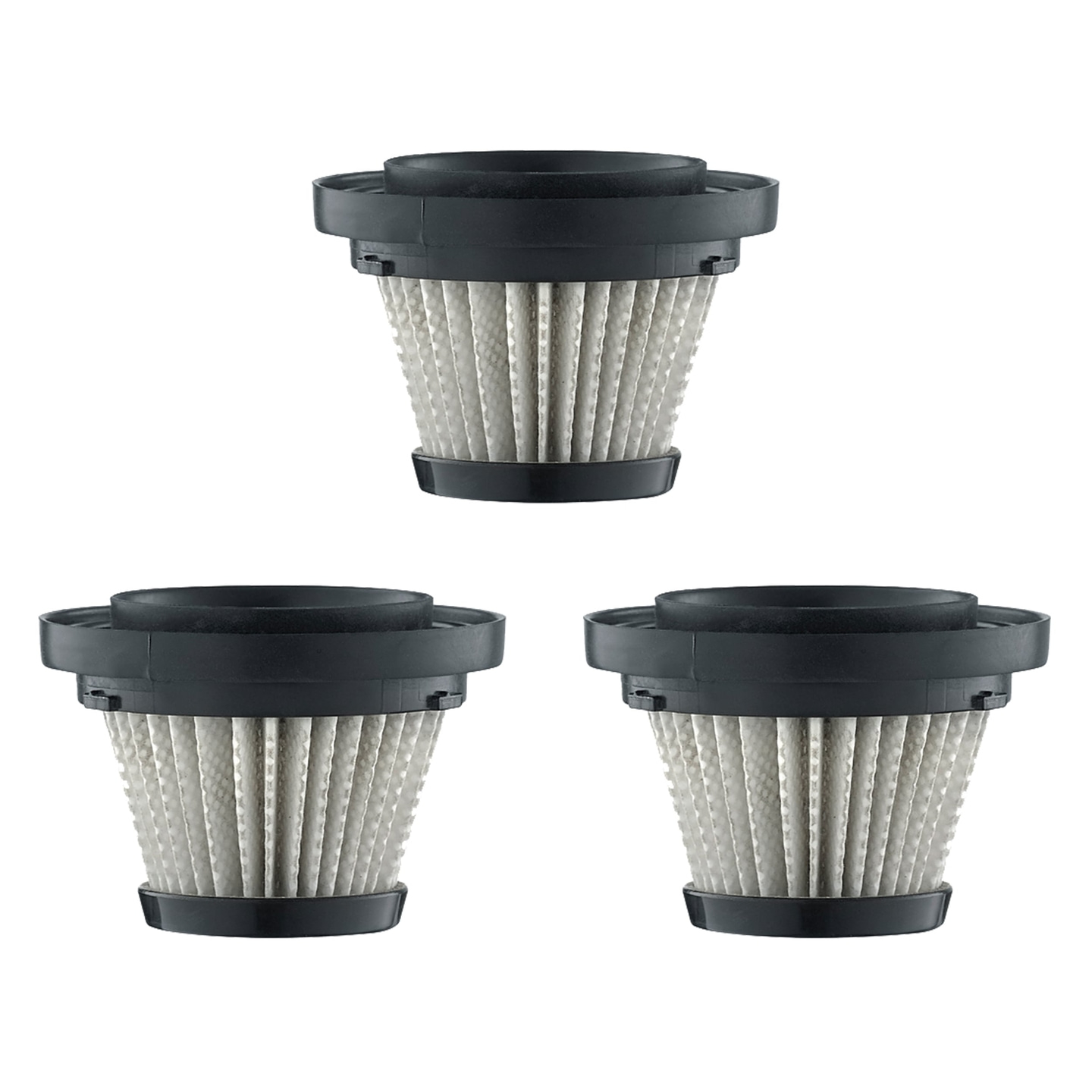 Drei schwarze Staubsaugerfilter auf weißem Hintergrund, sauber und neu