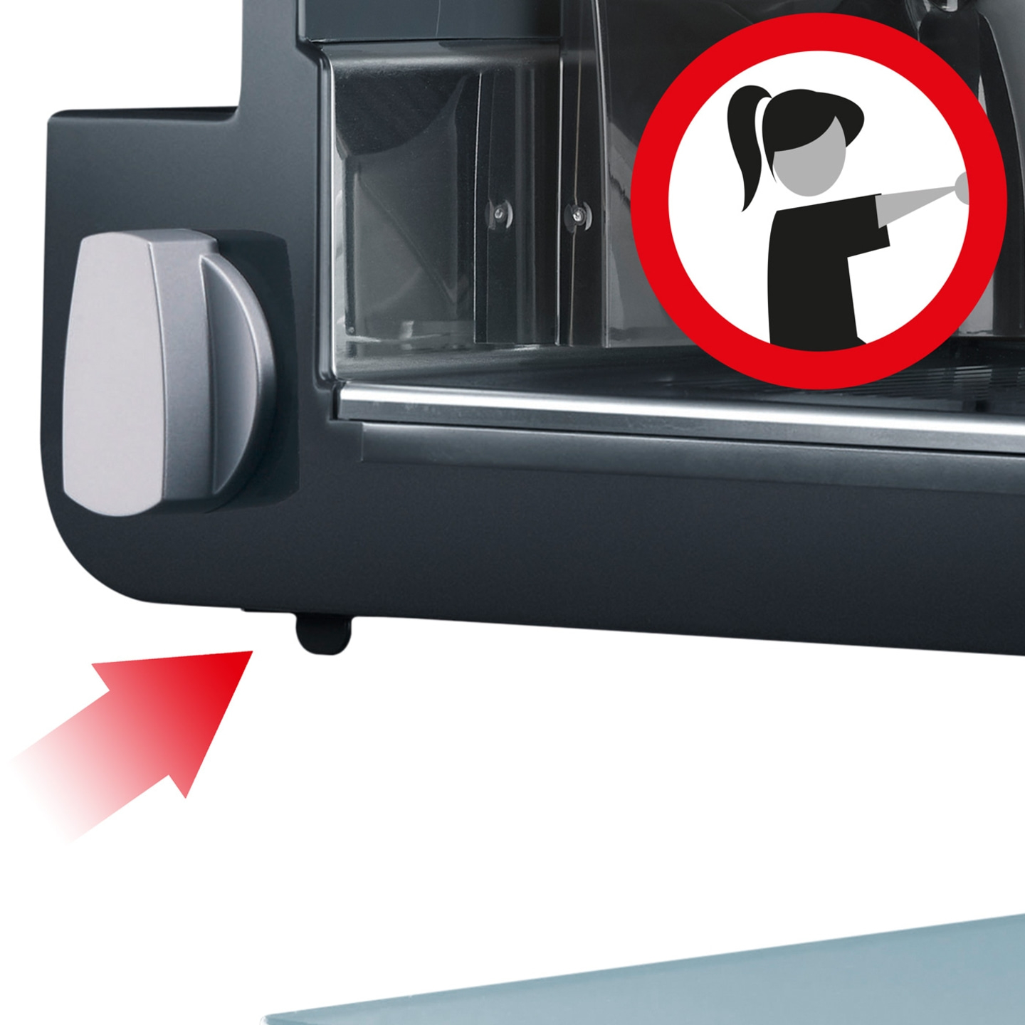 Warnschild, Pfeil, Maschine, Frau, roter Kreis, Finger weg, Sicherheitshinweis, Gerät, Detailaufnahme