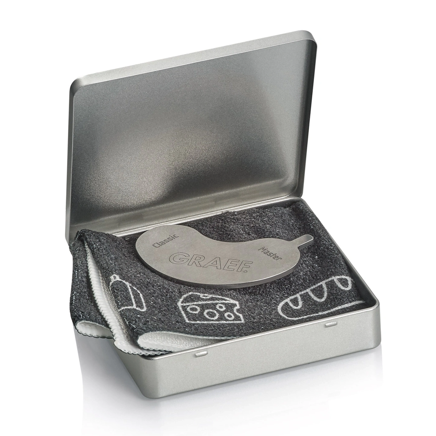 Metal box with tool and cloth, GRAEF logo, for food preparation.