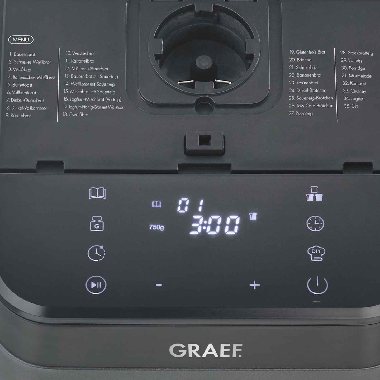 Bread maker with menu selection and digital display showing time and settings.