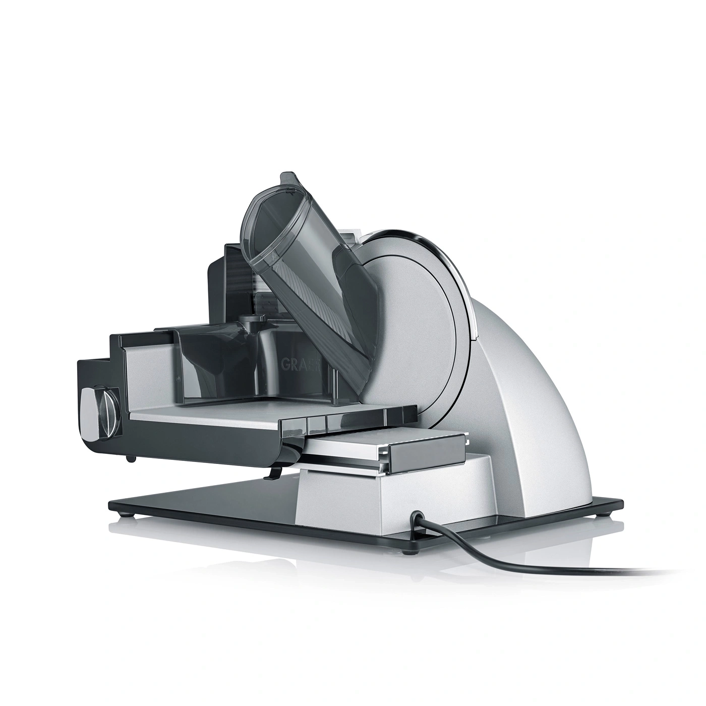 Electric food slicer, silver with black cable and details, isolated on white.