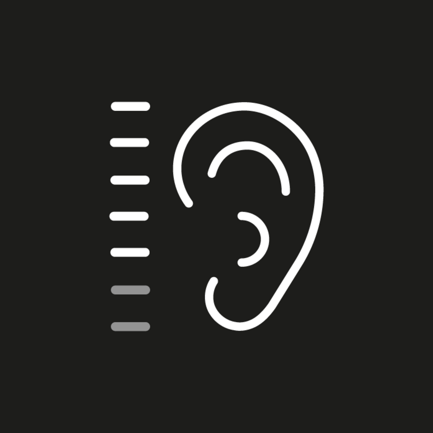 Ohr-Symbol mit Messskala, weiß auf schwarzem Hintergrund, Hörtest-Konzept