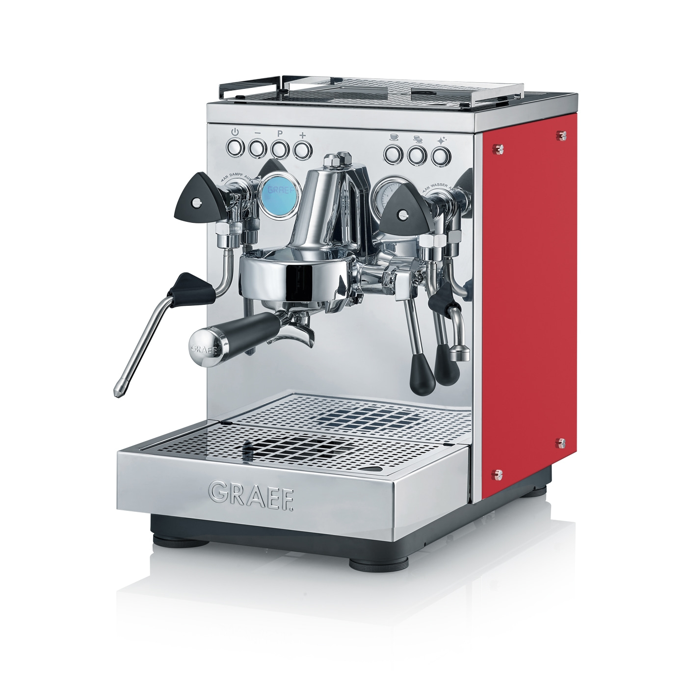 Rote Espressomaschine mit silbernen Elementen und dem Markennamen GRAEF.