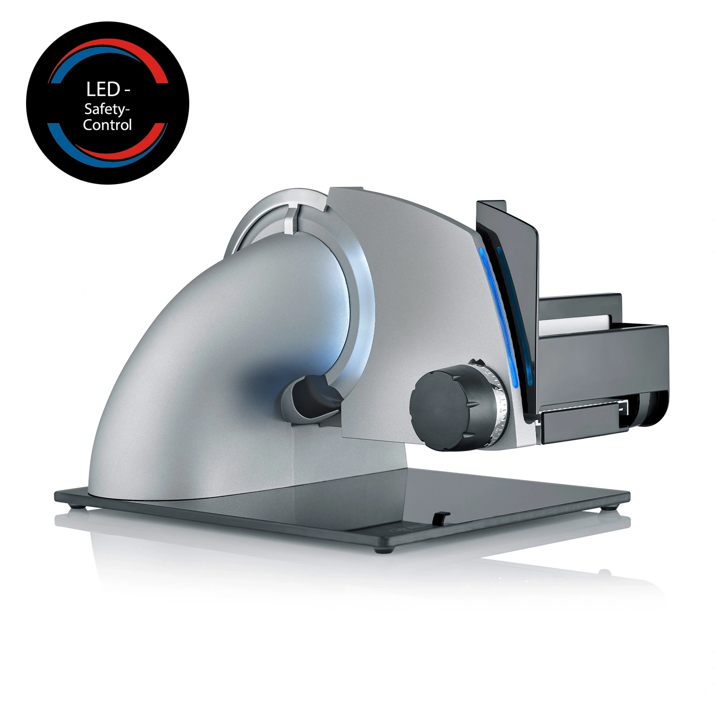 Electric food slicer with LED safety control and silver color, modern design.