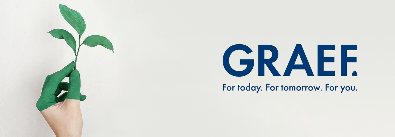 Hand holding green leaves, GRAEF logo, for today, tomorrow, and you.