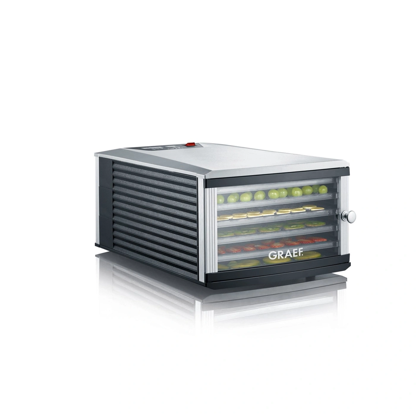 Graef food dehydrator with fruits, vegetables, transparent doors and silver casing
