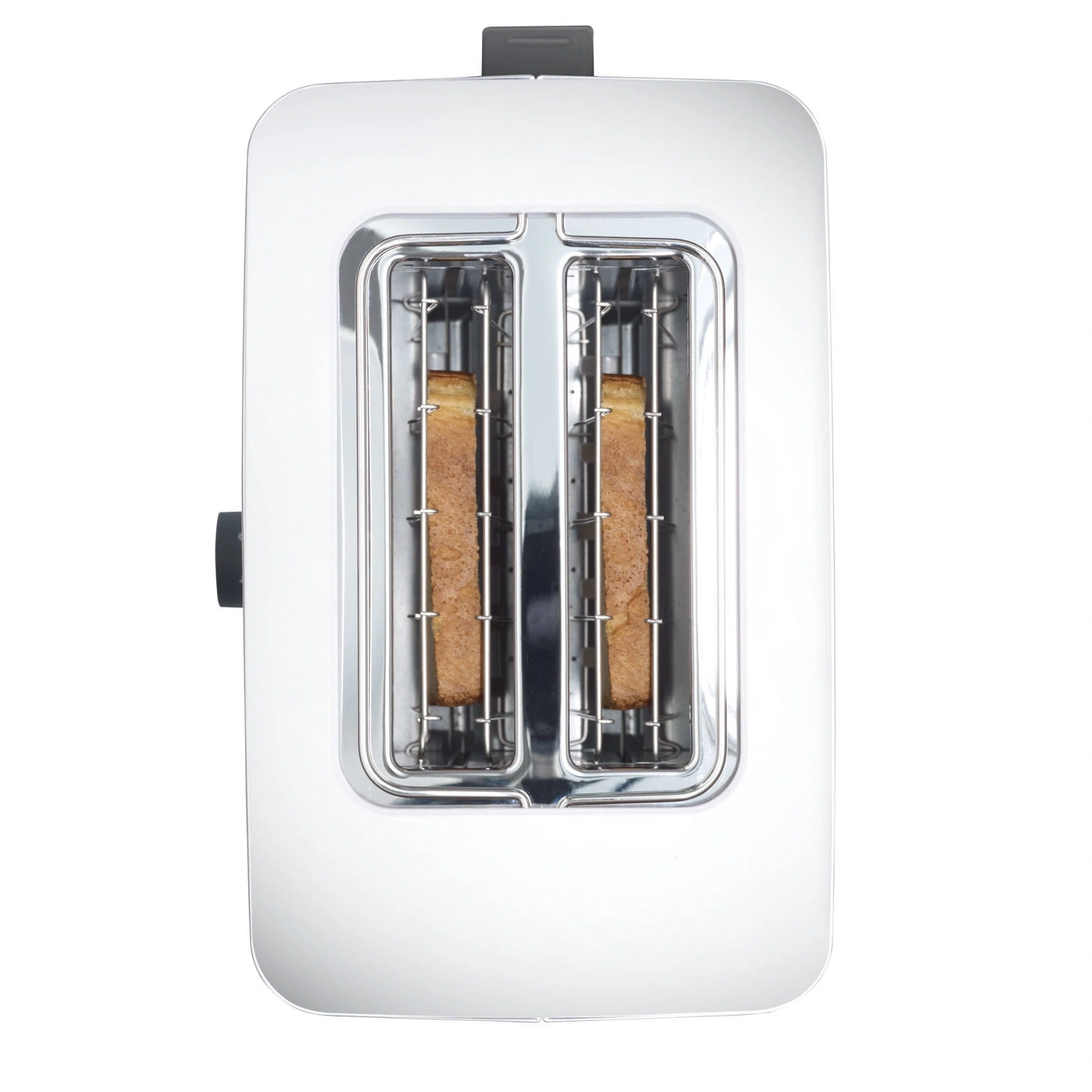 Toaster with two slices of toast sticking out of the toaster