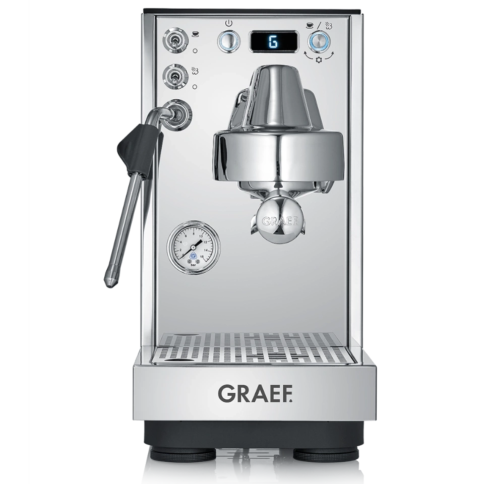 Chrom-Espressomaschine mit Manometer und GRAEF-Logo, Digitalanzeige, Dampfstab