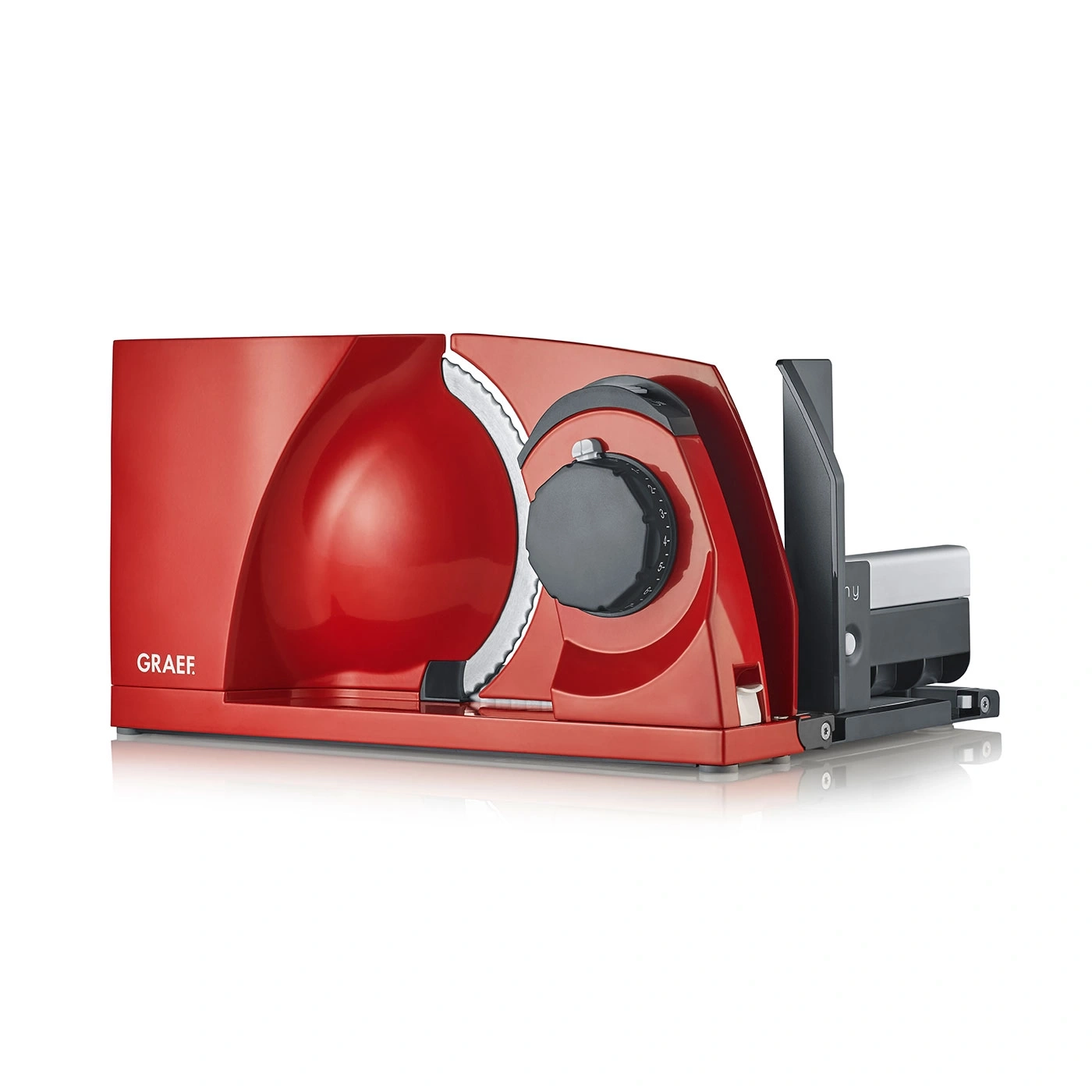 Red GRAEF food slicer, kitchen appliance for slicing food, electric, shiny, modern design