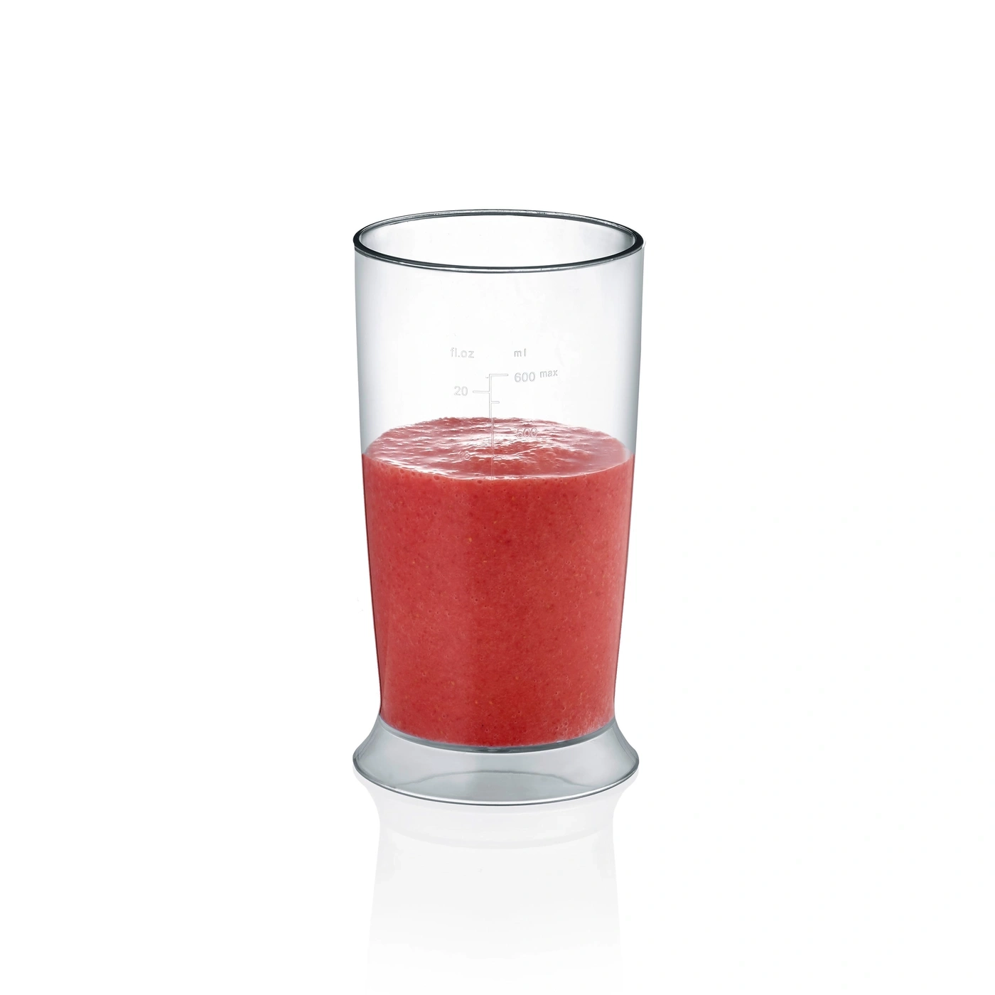 A glass with red smoothie. The smoothie is filled up to the middle.