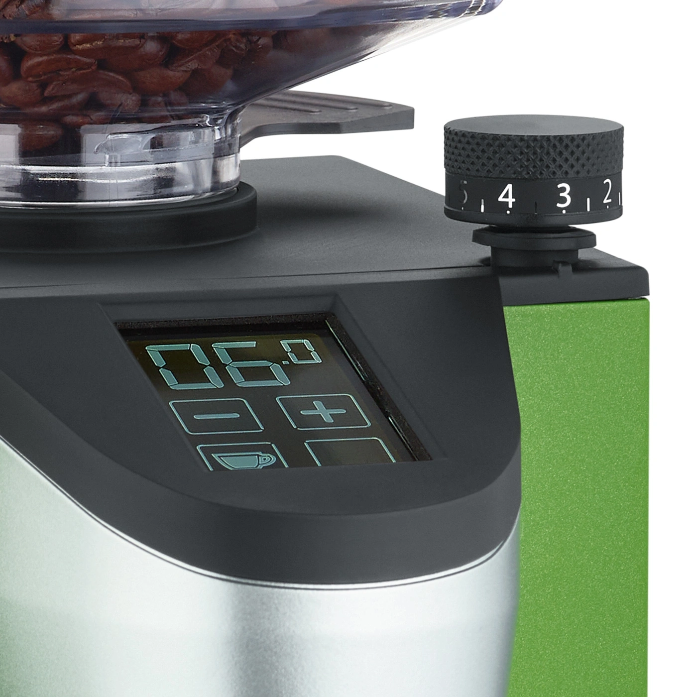 Kaffeemühle mit Display und Einstellrad für Mahlgrad und Menge.