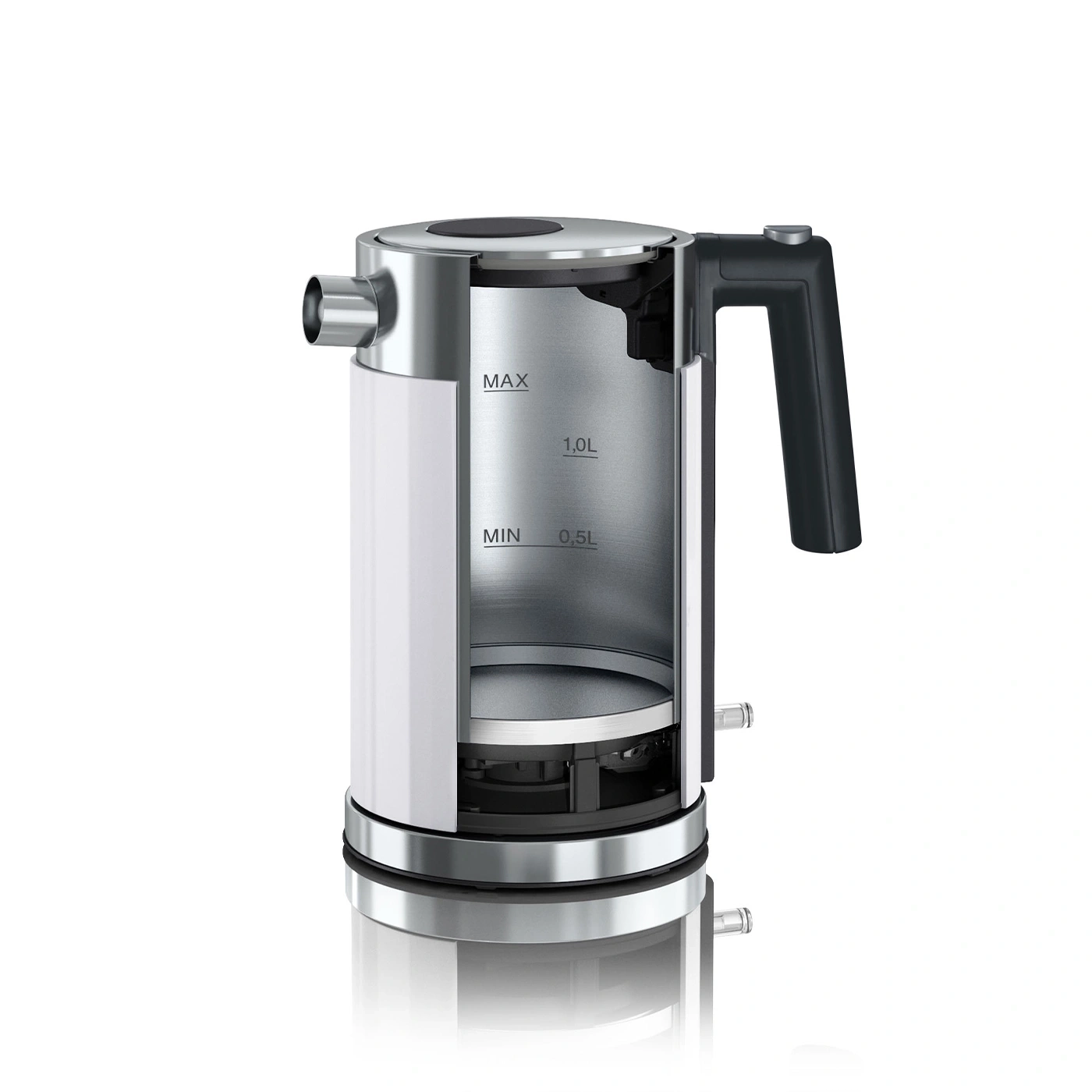 Kettle, stainless steel, white, black, handle, MAX, MIN, 1.0L, 0.5L, kitchen, appliance