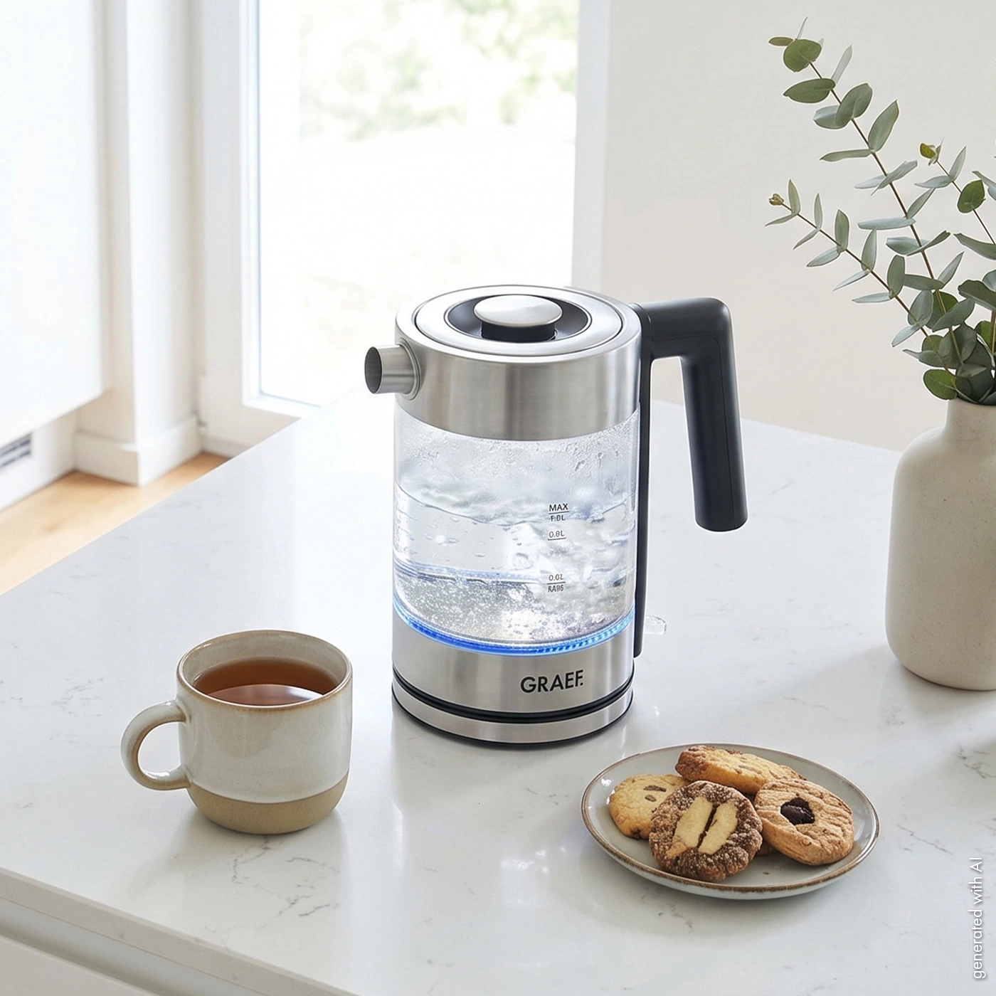 A kettle with a cup and cookies on a marble countertop.