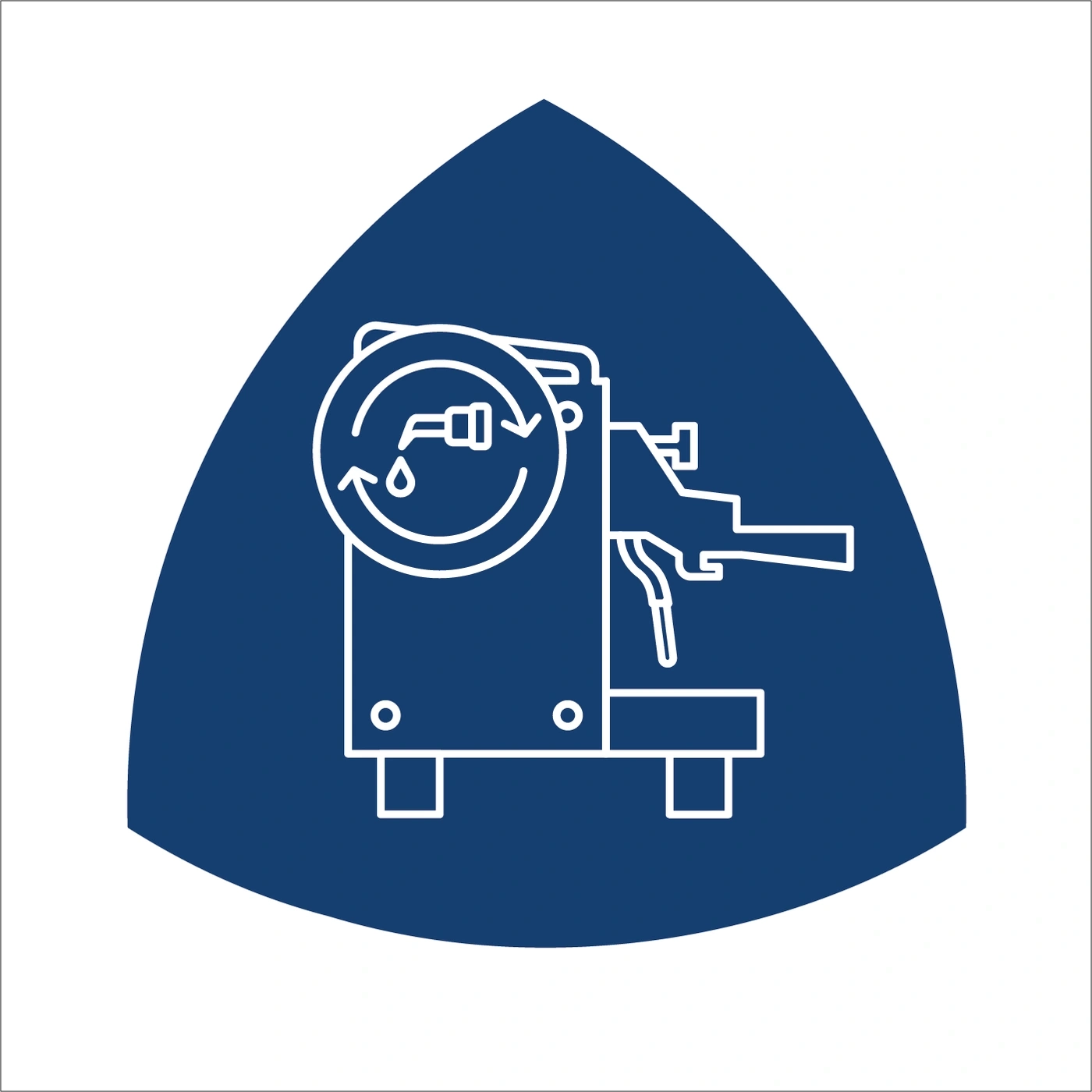 Coffee machine icon inside a blue triangle, symbol for coffee preparation and cleaning