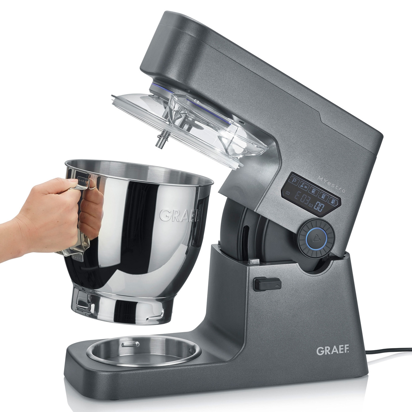 Graef Küchenmaschine, grau, mit Schüssel und Deckel, Nahaufnahme, isoliert