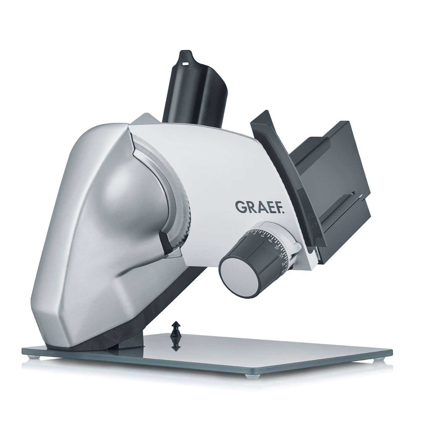 Graef Allesschneider, silber und weiß, mit Einstellrad und Schneidevorrichtung, isoliert