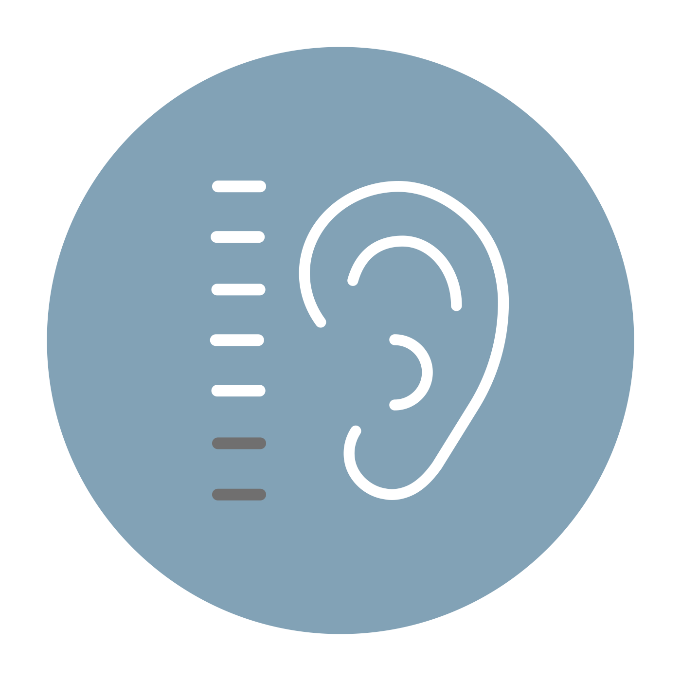 Ohr-Symbol mit Messskala in einem blauen Kreis auf schwarzem Hintergrund