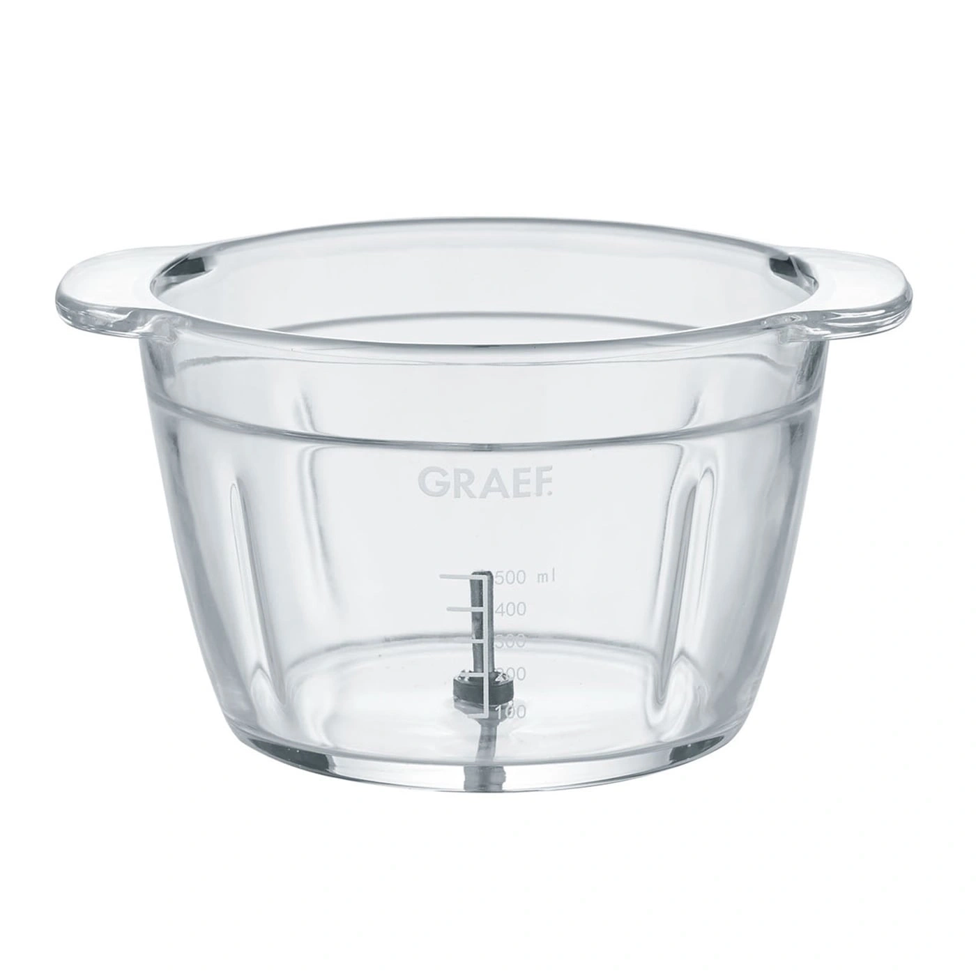 Transparent glass container with handles and measurement scale, GRAEF brand.