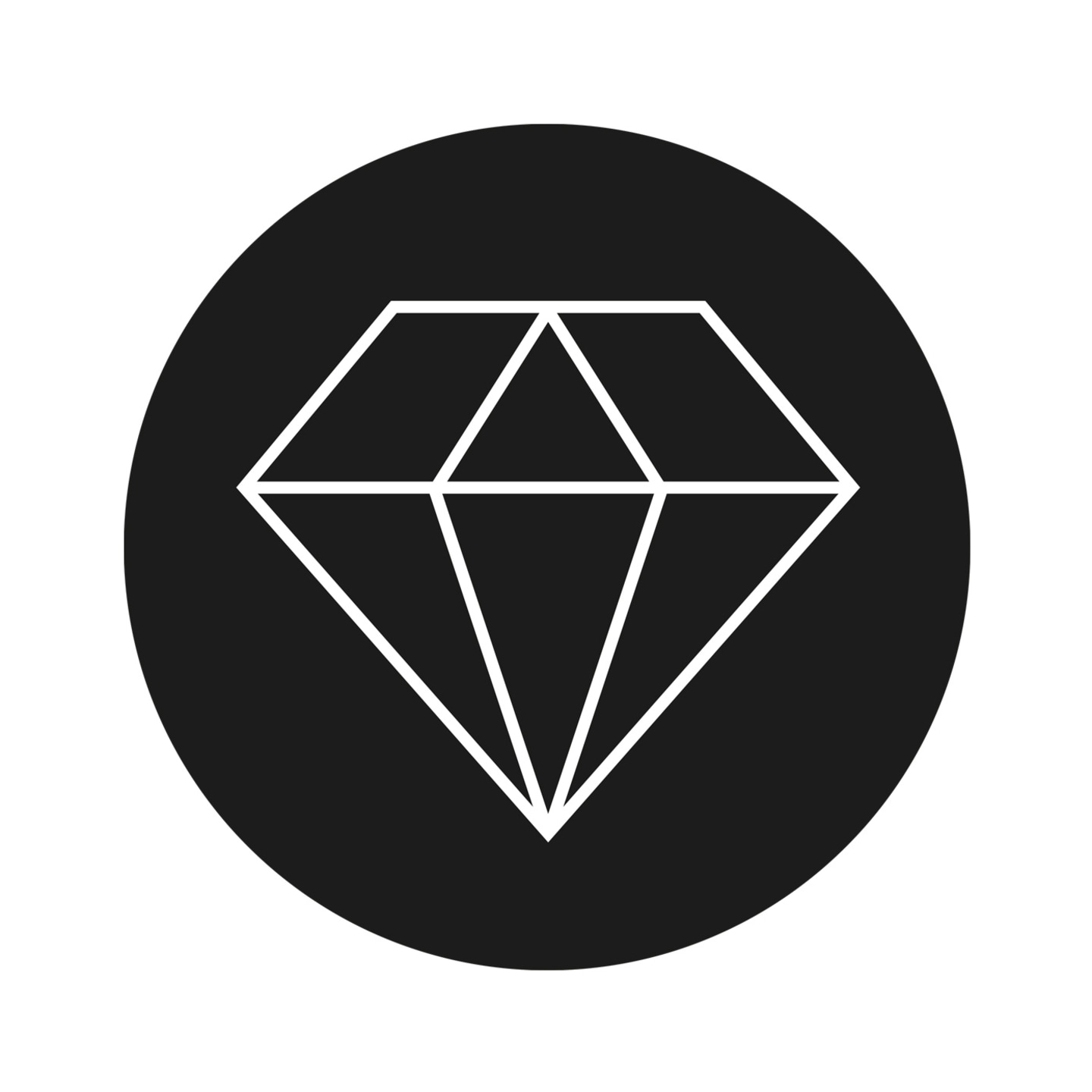 Diamant-Symbol in einem schwarzen Kreis, weiß umrandet, minimalistisch