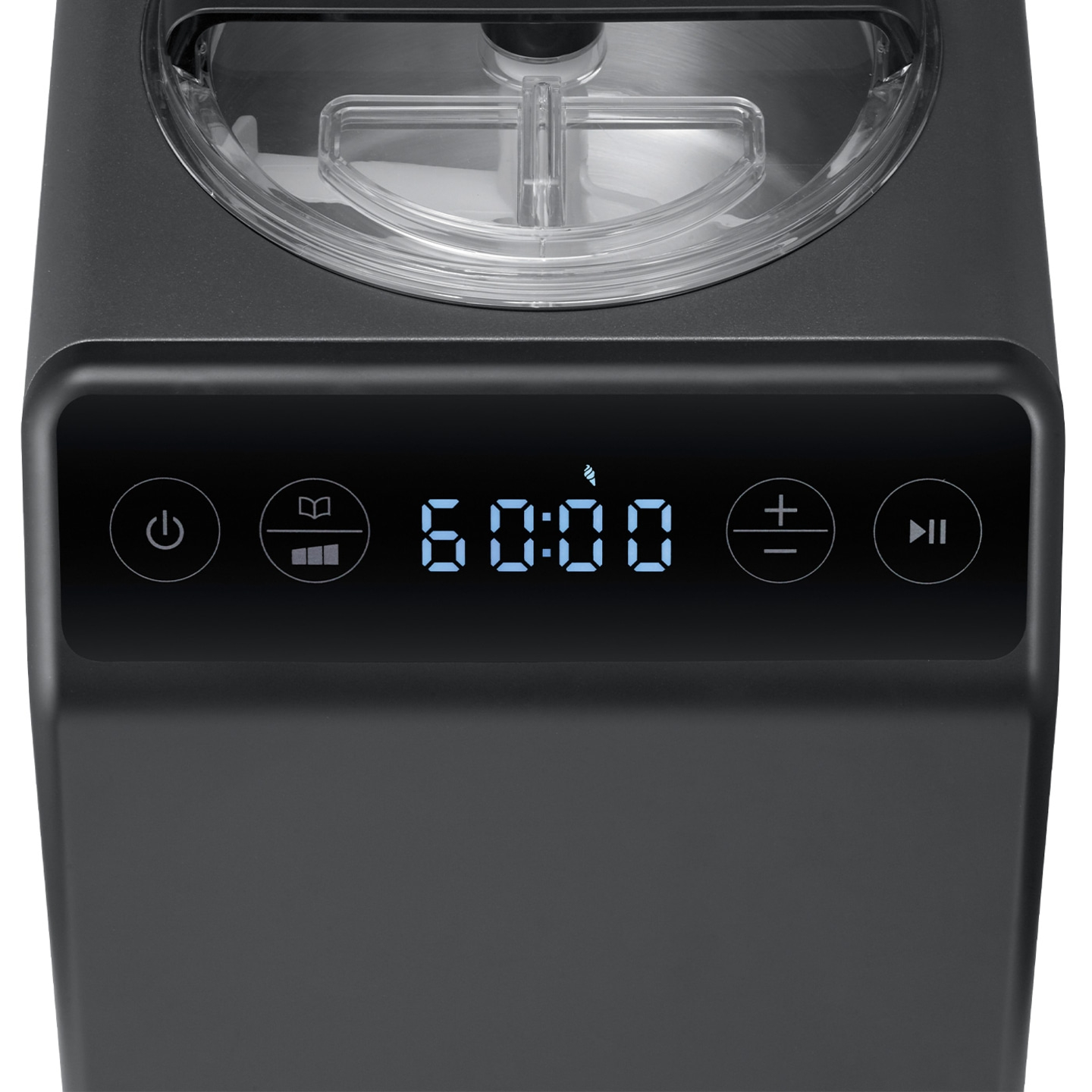 Eiscreme-Maschine mit digitaler Anzeige, Tasten und Zeitangabe 60:00 Minuten.