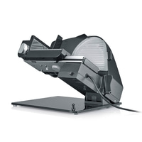 Electric slicer, gray, angled, with glass plate and cable, kitchen appliance