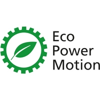 Öko-Power-Motion-Logo mit Zahnrad, Blatt und Text