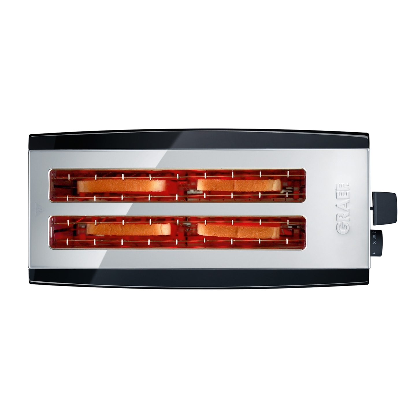 Toaster mit Toastbrot, bereit zum Toasten, mit schwarzem und silbernem Design.