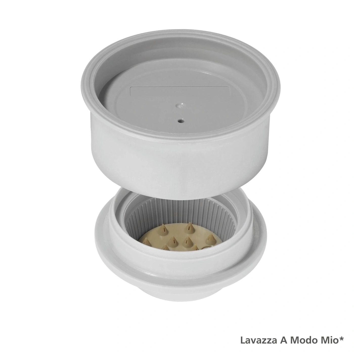 White coffee machine, open, with brown tips, Lavazza A Modo Mio*