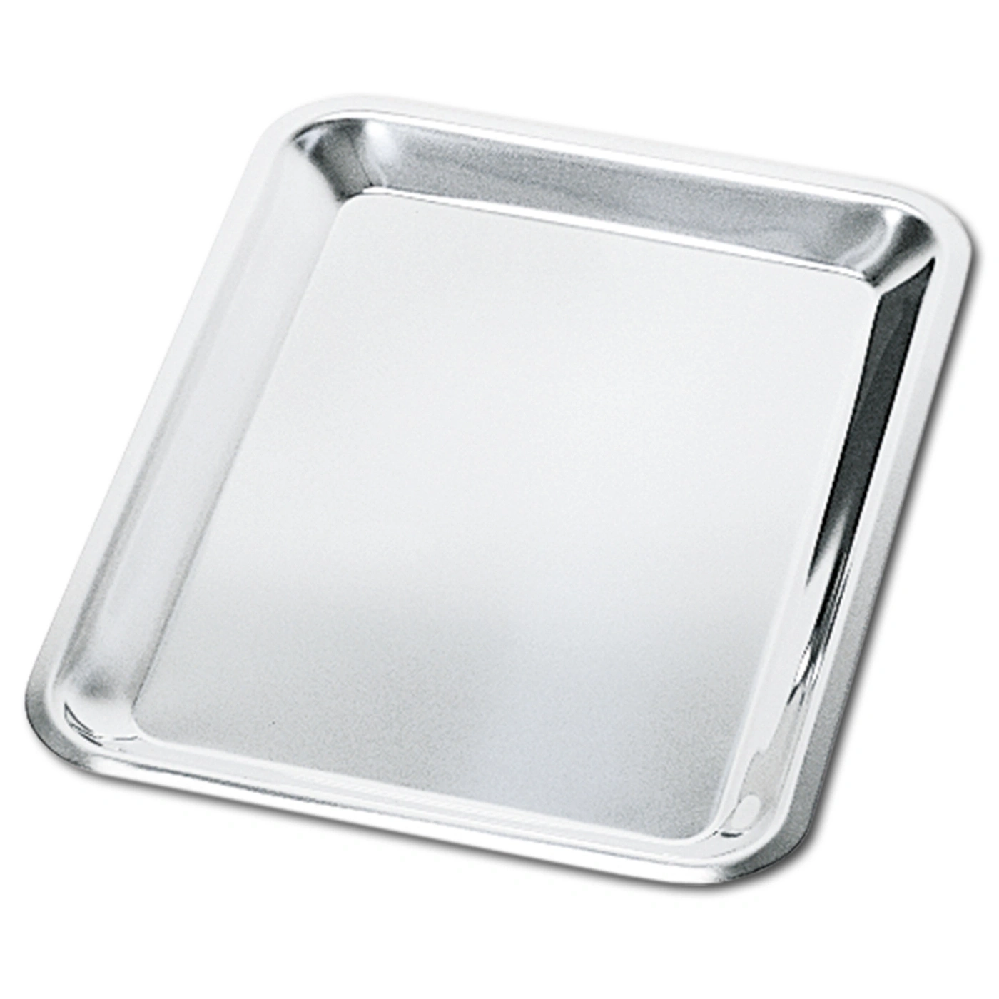 Silver baking tray, rectangular, empty, shiny, for kitchen and baking, isolated