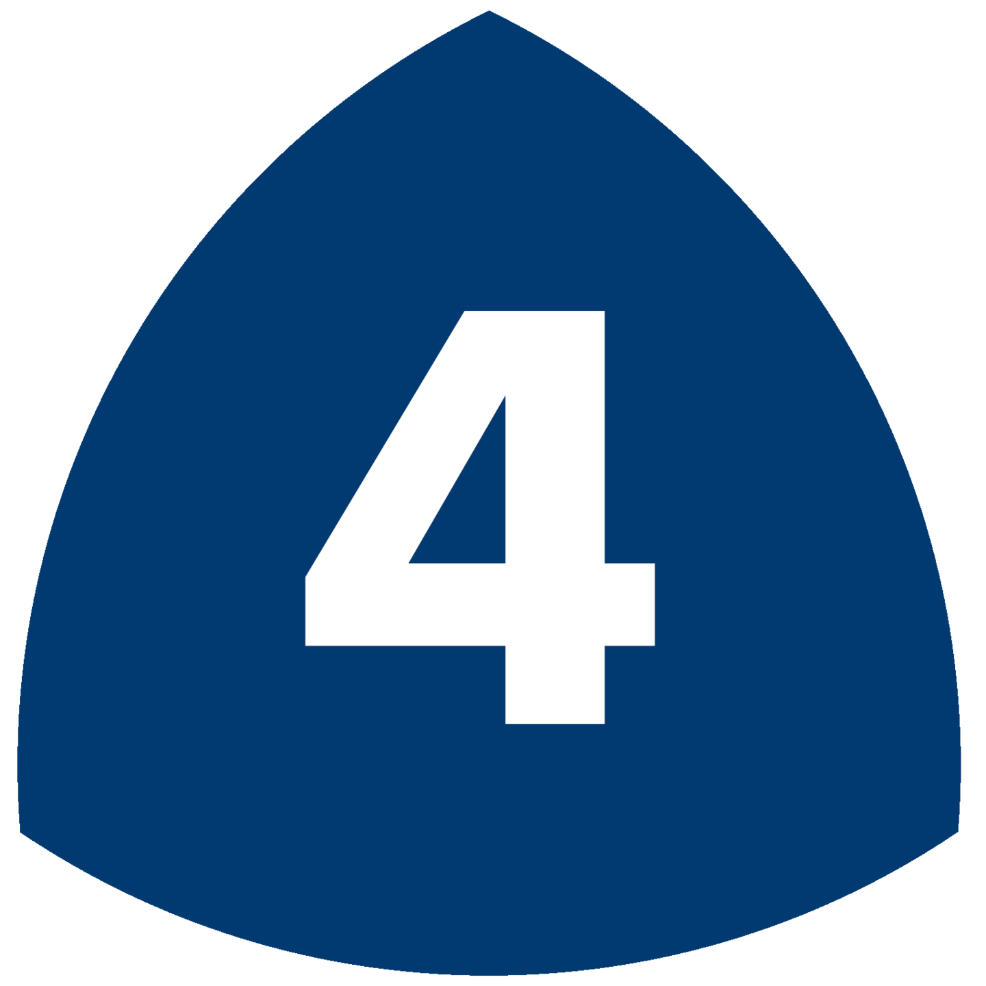 Blaues Dreieck mit weißer Zahl 4, Straßenverkehrszeichen, Symbol für Autobahn