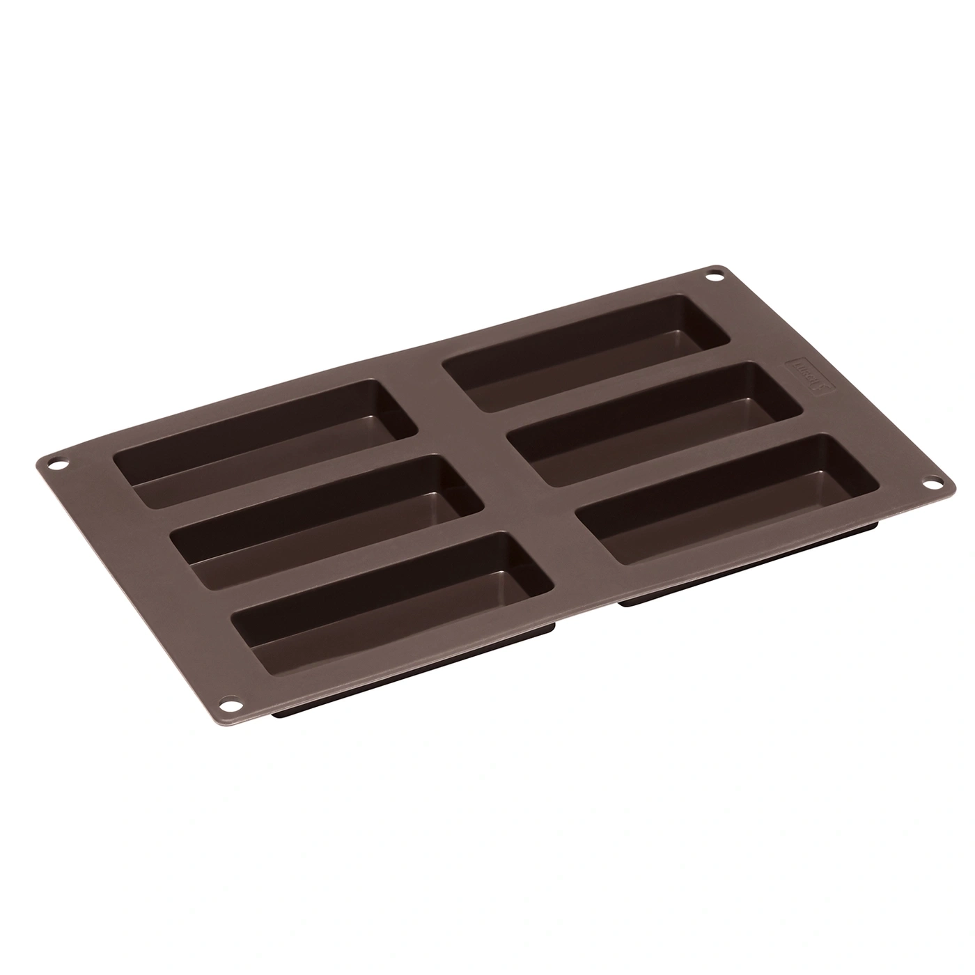 Brown rectangular baking mold with multiple compartments for cakes or bread