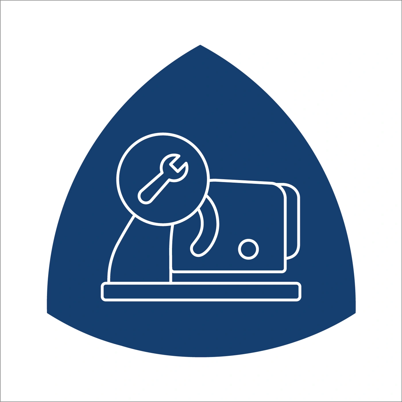 Repair symbol with wrench and device inside a blue triangle shape