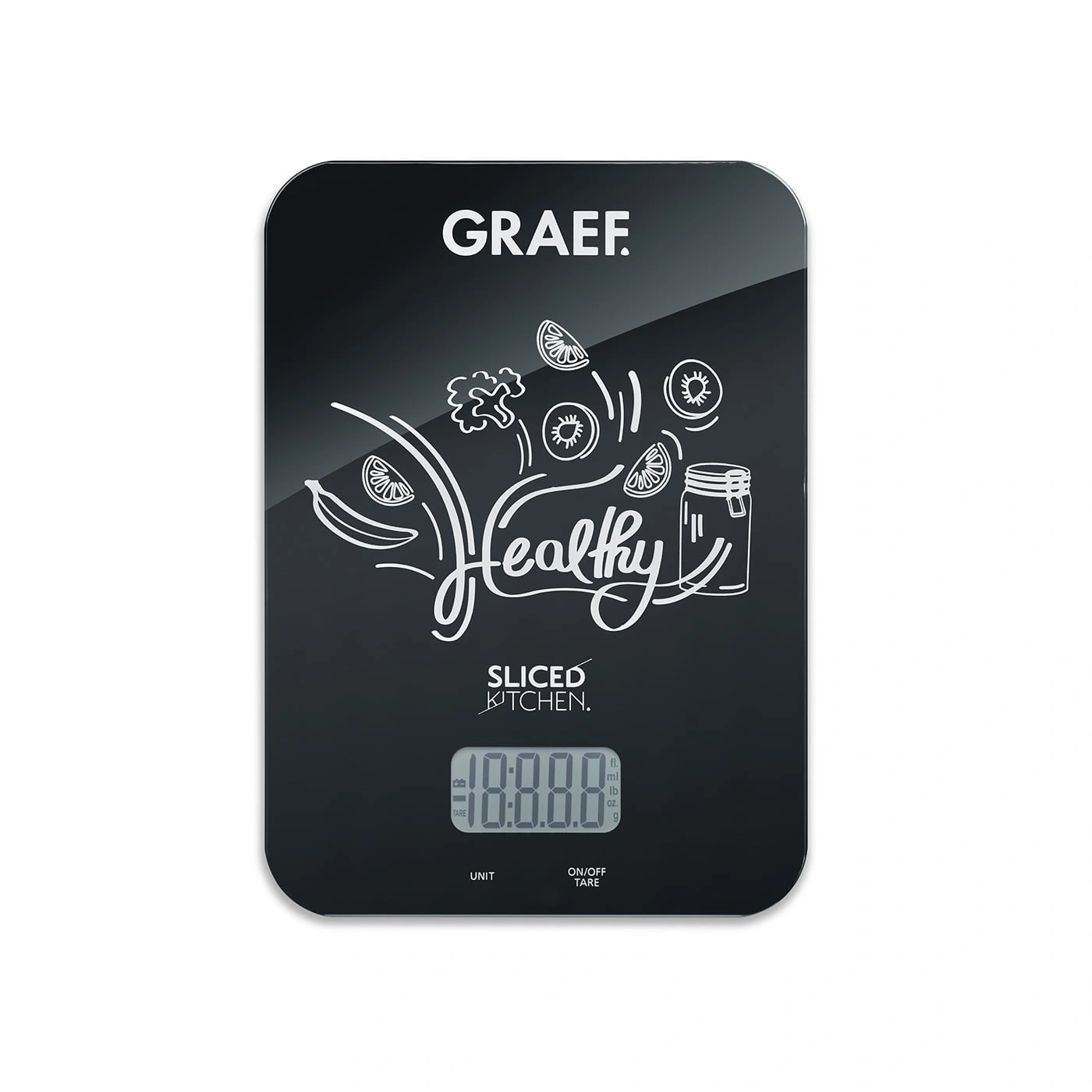 Black kitchen scale with fruit illustration and digital display for healthy kitchen.